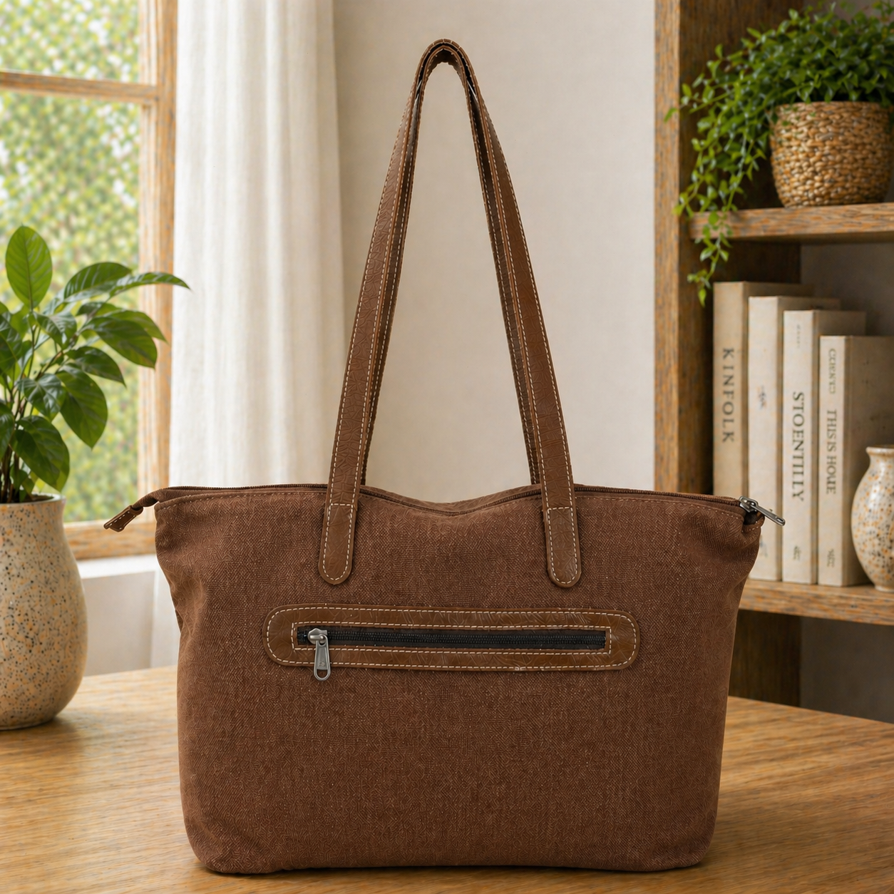 Timeless Linen Handbag with Genuine Leather Handles