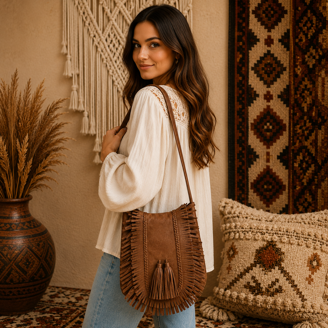 Leather Fringe Handbag with Tassel