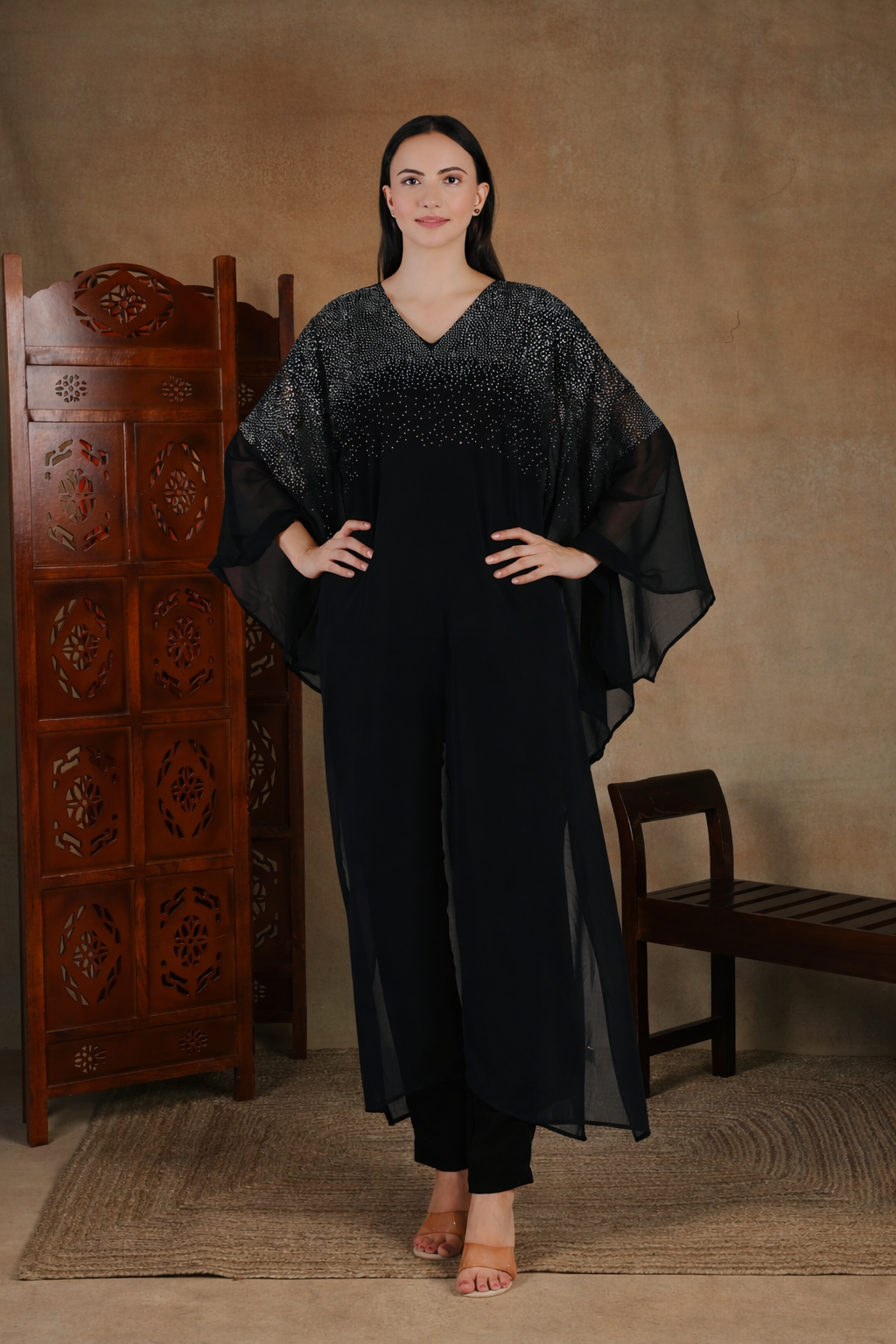 Premium Sequins Motif Kaftan Style Top with Coordinated Pants