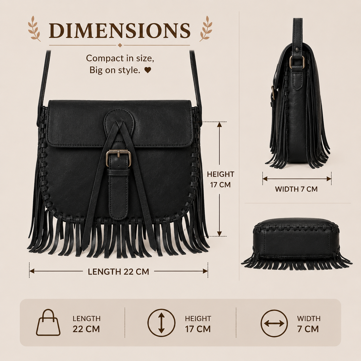 Black Leather Fringes Bag