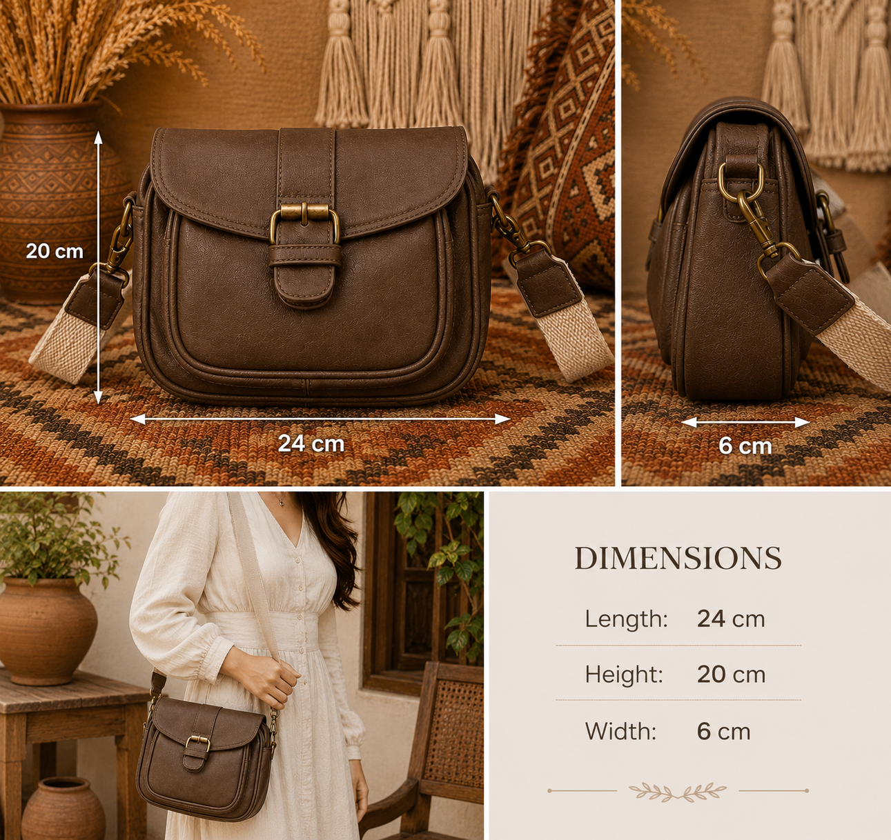 Vintage Coffee Brown Leather Crossbody Bag with Adjustable Strap