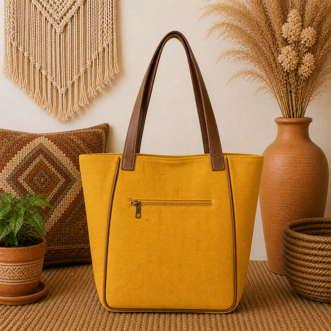 Large Linen Tote Bag with Leather Straps