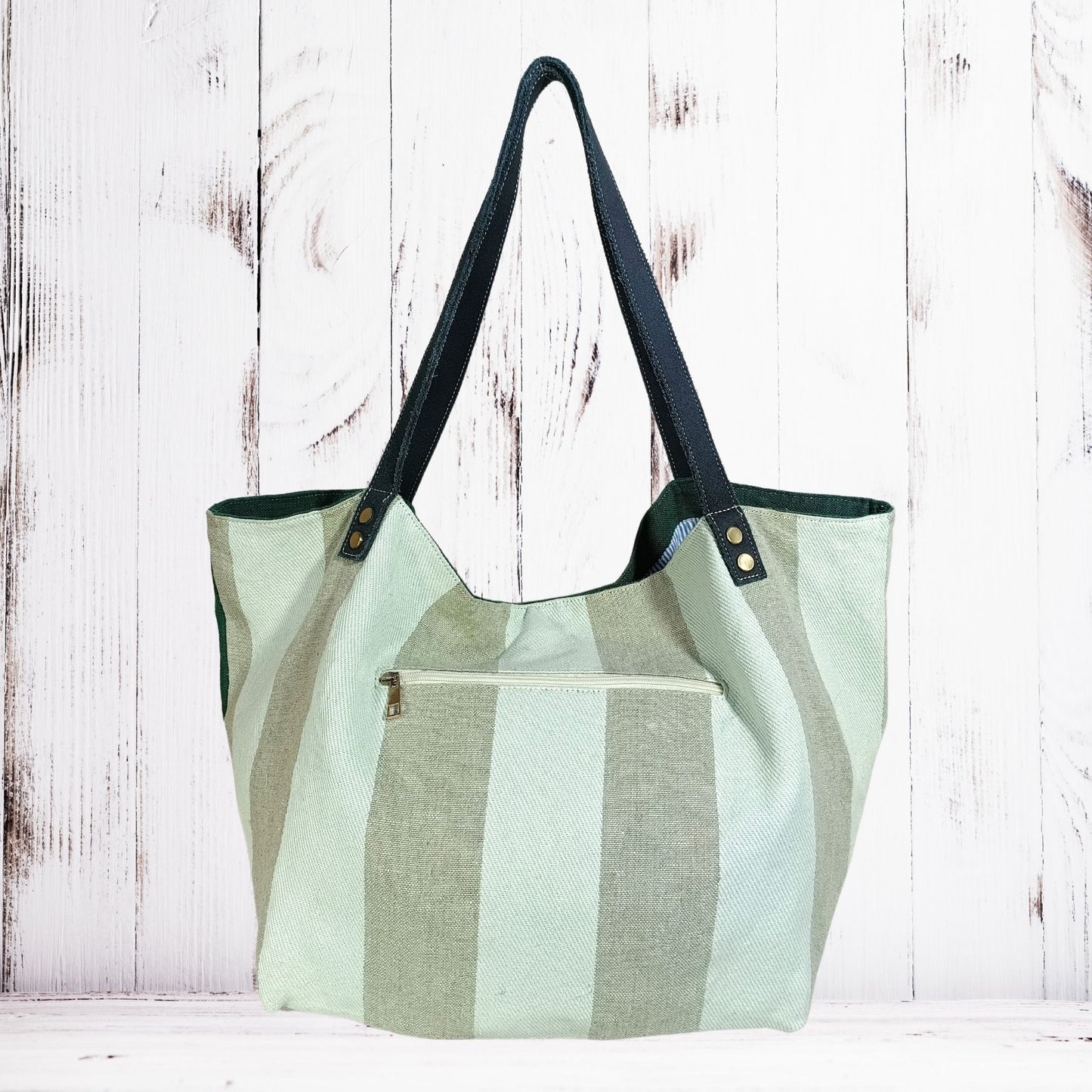 Large Linen Handbag with Wide Stripe Back – Modern Classic Everyday Tote