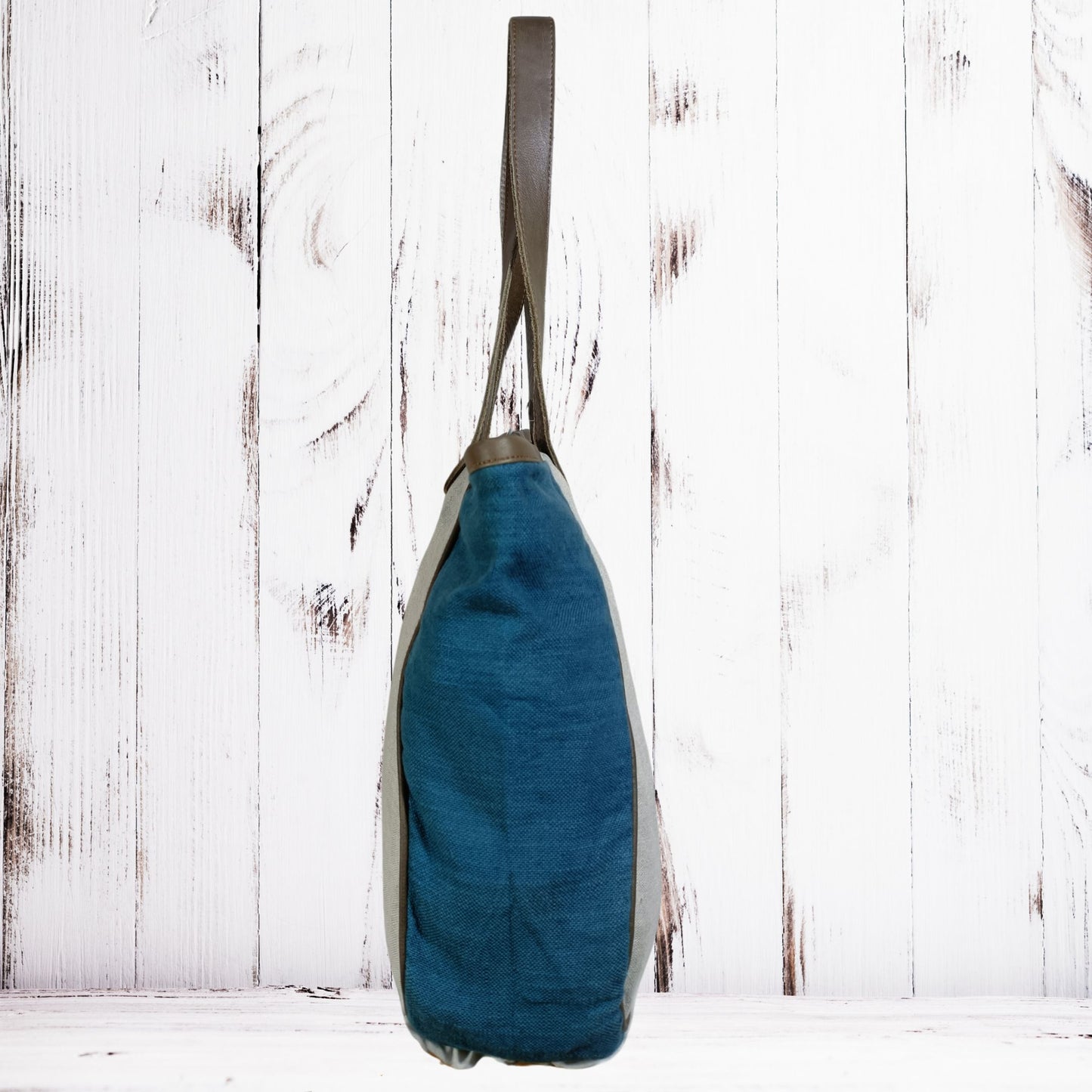 Large Linen Tote Bag with Leather Strap