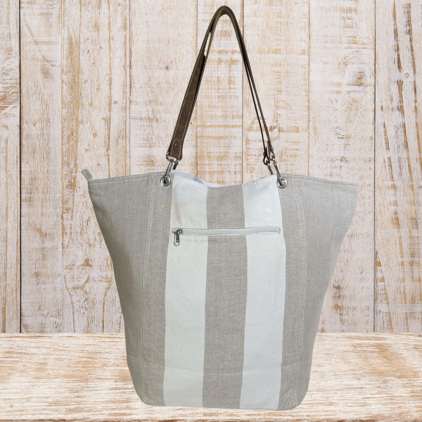 Large Linen Tote Bag with Leather Straps