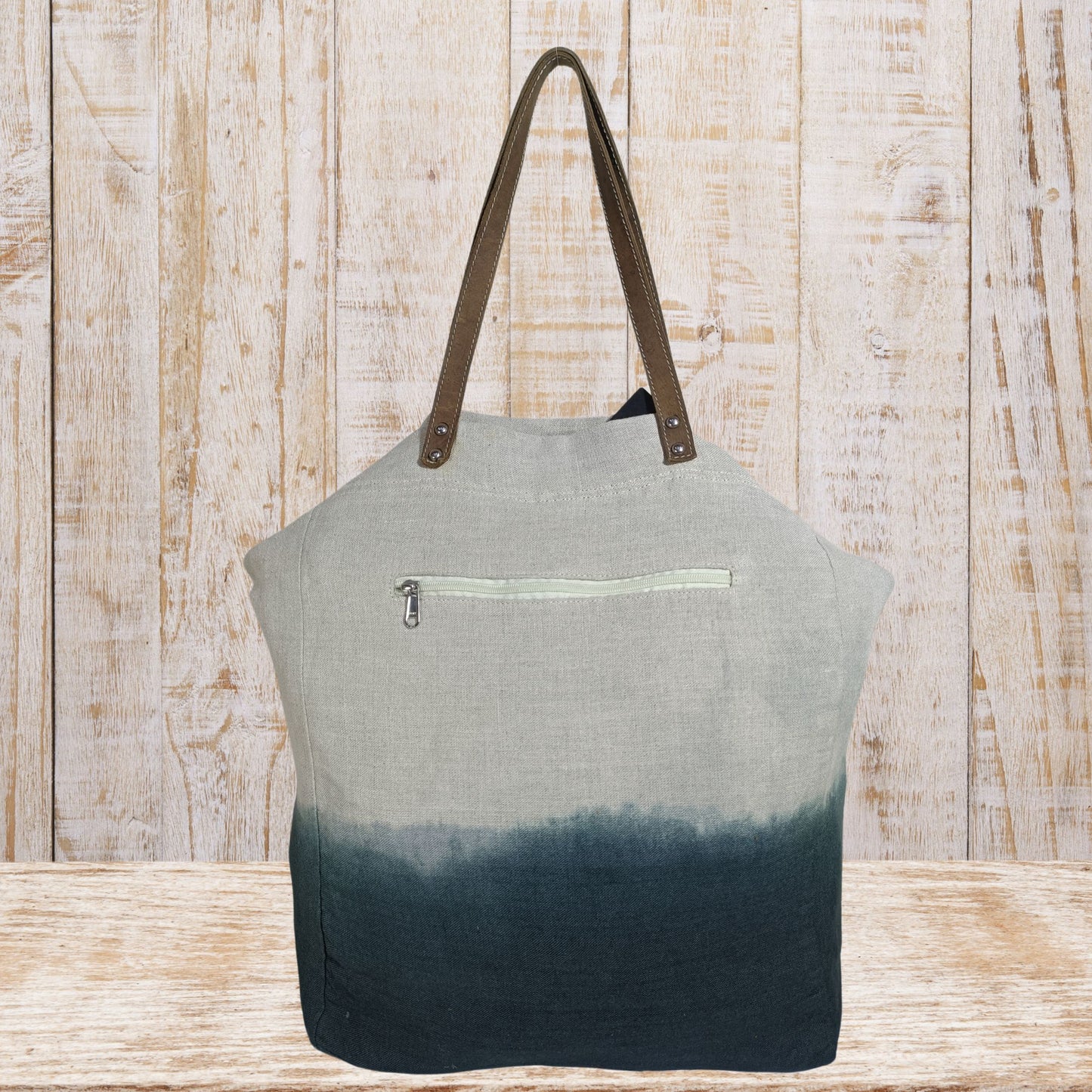 Linen Tote Bag with Leather Straps & Ombre Effect