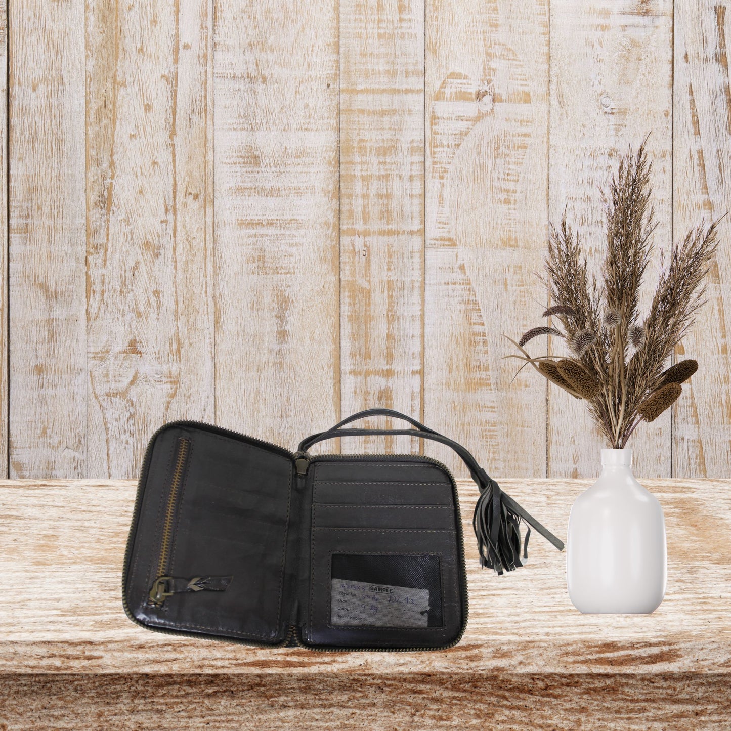 Brown Leather Wristlet Pouch with Tassel