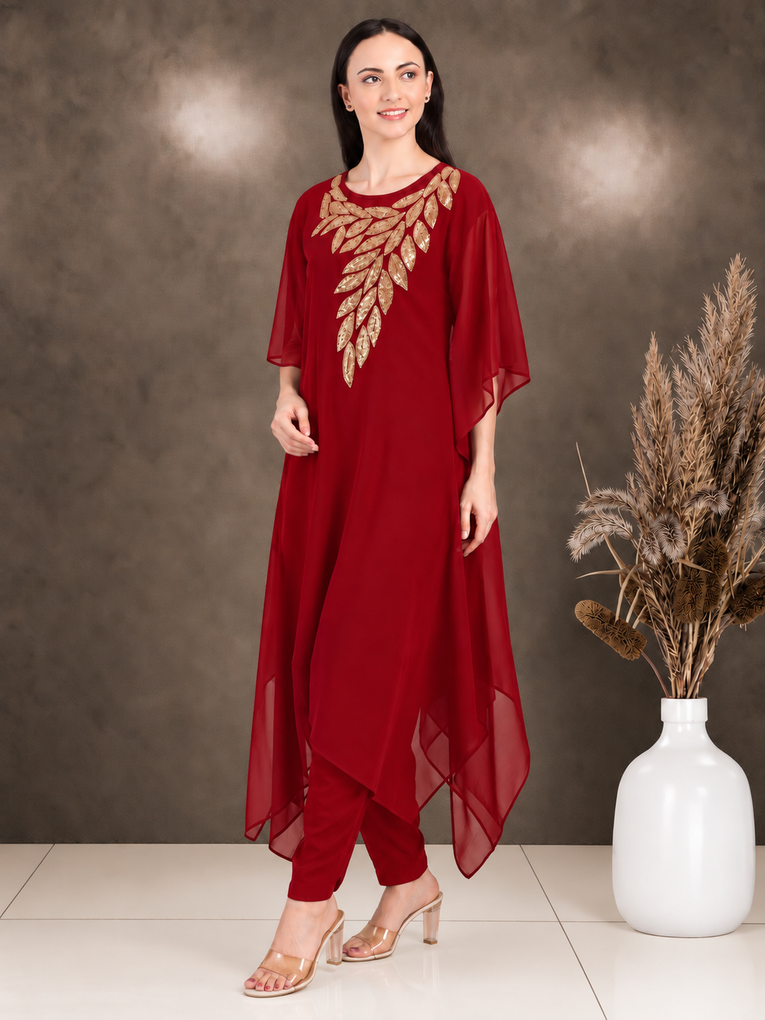 Women's Sequin Motif Embellished Georgette Kaftan Set