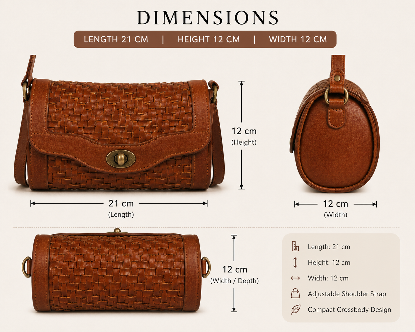 Barrel Leather Bag with Twill Weave