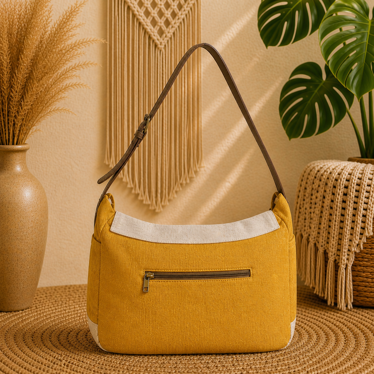 Linen Satchel Bag with Adjustable Strap