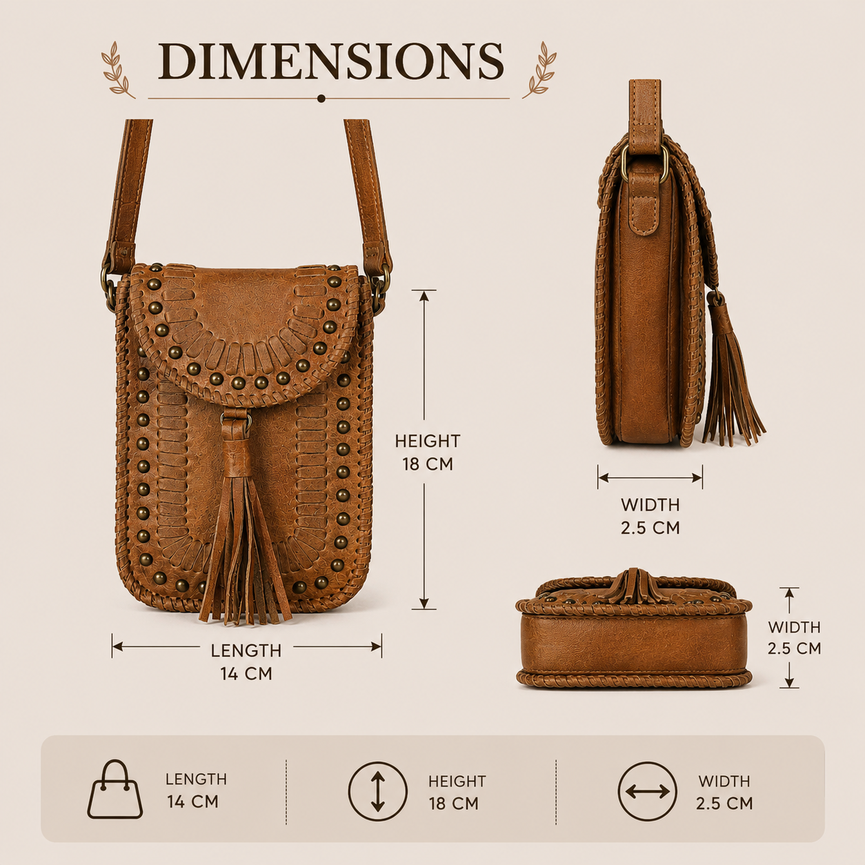 Crossbody Leather Bag with Small Studs