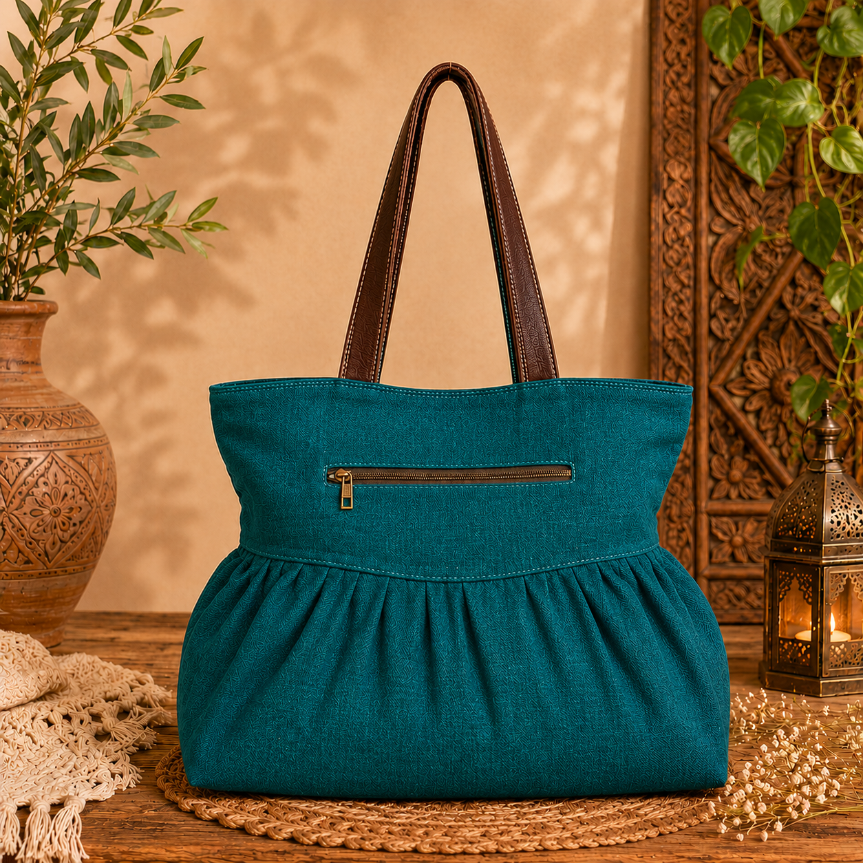 Large Linen Pleated Tote Bag