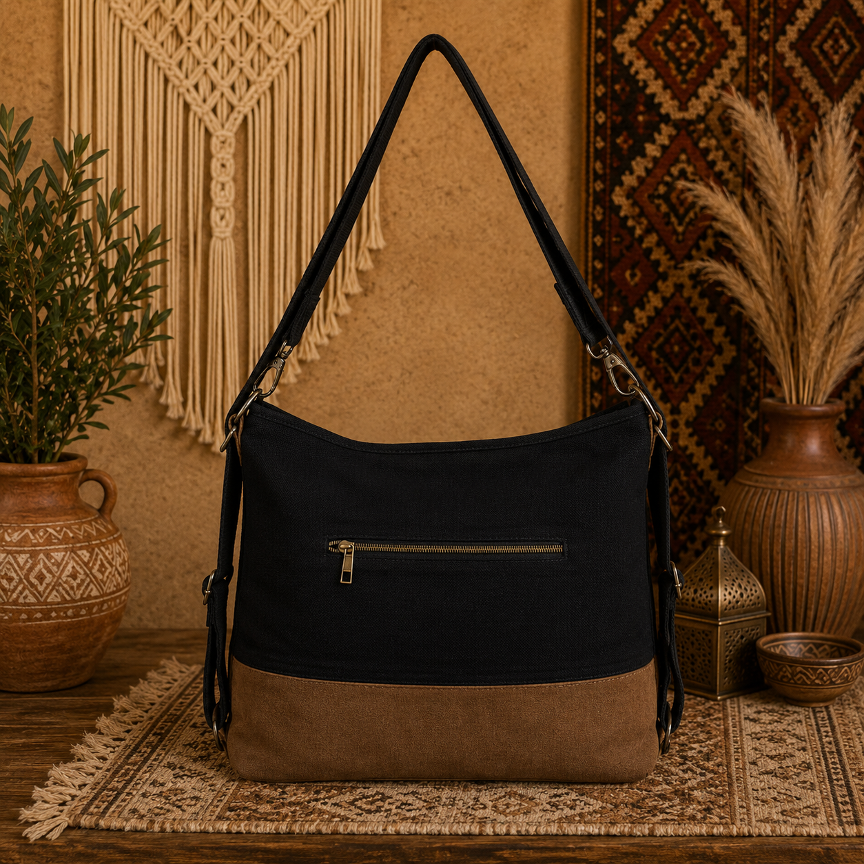 Large Linen & Suede Leather Tote Shoulder Bag
