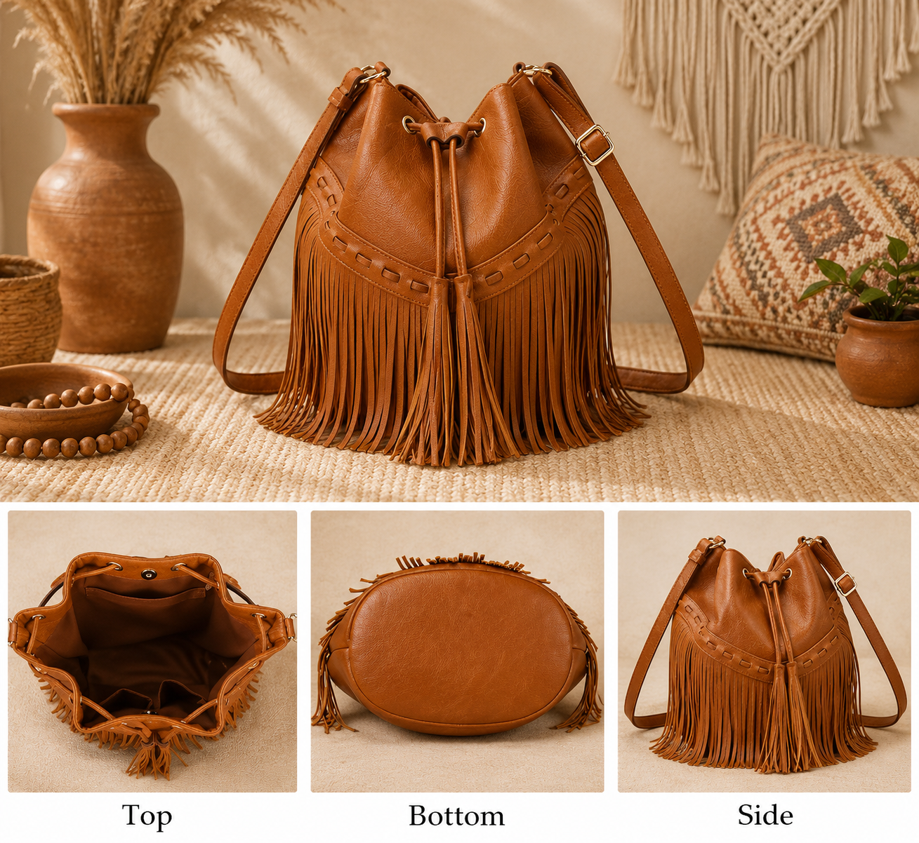 Boho Fringe Bucket Bag for Women