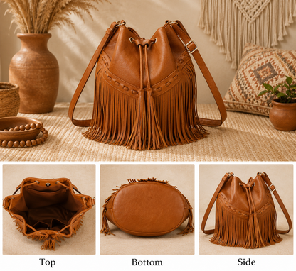 Boho Fringe Bucket Bag for Women