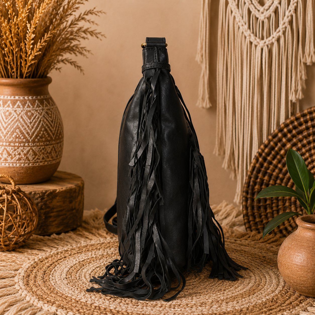 Midnight Boho Fringe Leather Bucket Bag