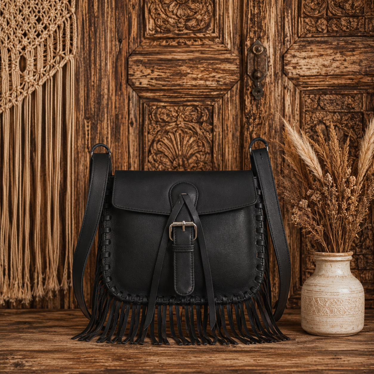 Black Leather Fringes Bag