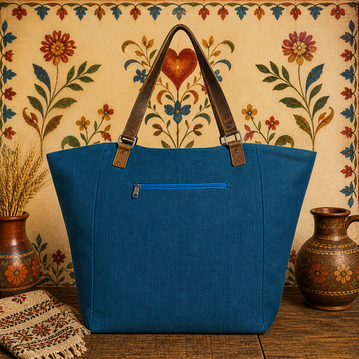 Stylish Large Tote Bag with Cargo Pocket & Leather Strap