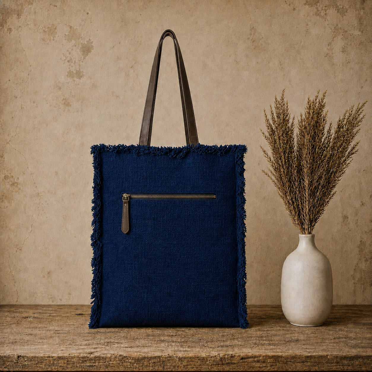 Large Linen Shoulder Tote Bag with Ripped Effect