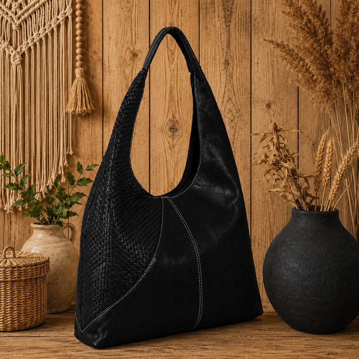 Hobo Leather Handbag with Basket Weave Patchwork