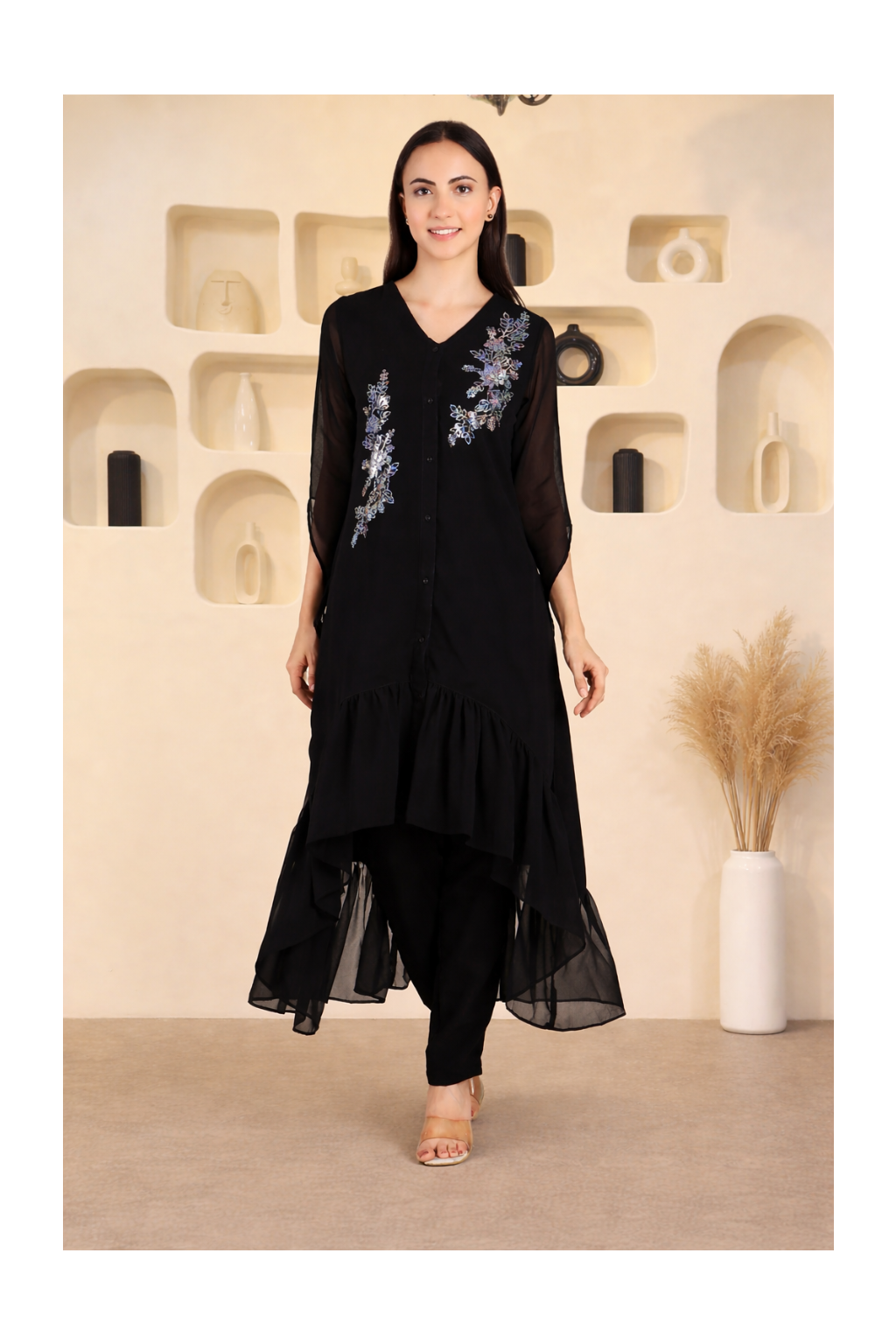 Stylish Sequins Embellished Frill High Low Top with Matching Pants for Women