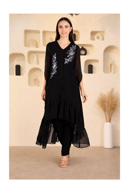 Stylish Sequins Embellished Frill High Low Top with Matching Pants for Women