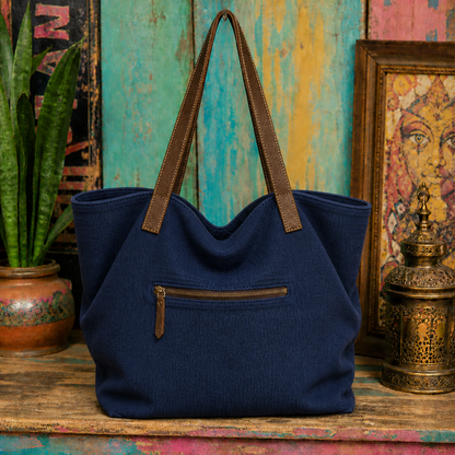 Large Linen Shoulder Tote Bag with Leather Strap