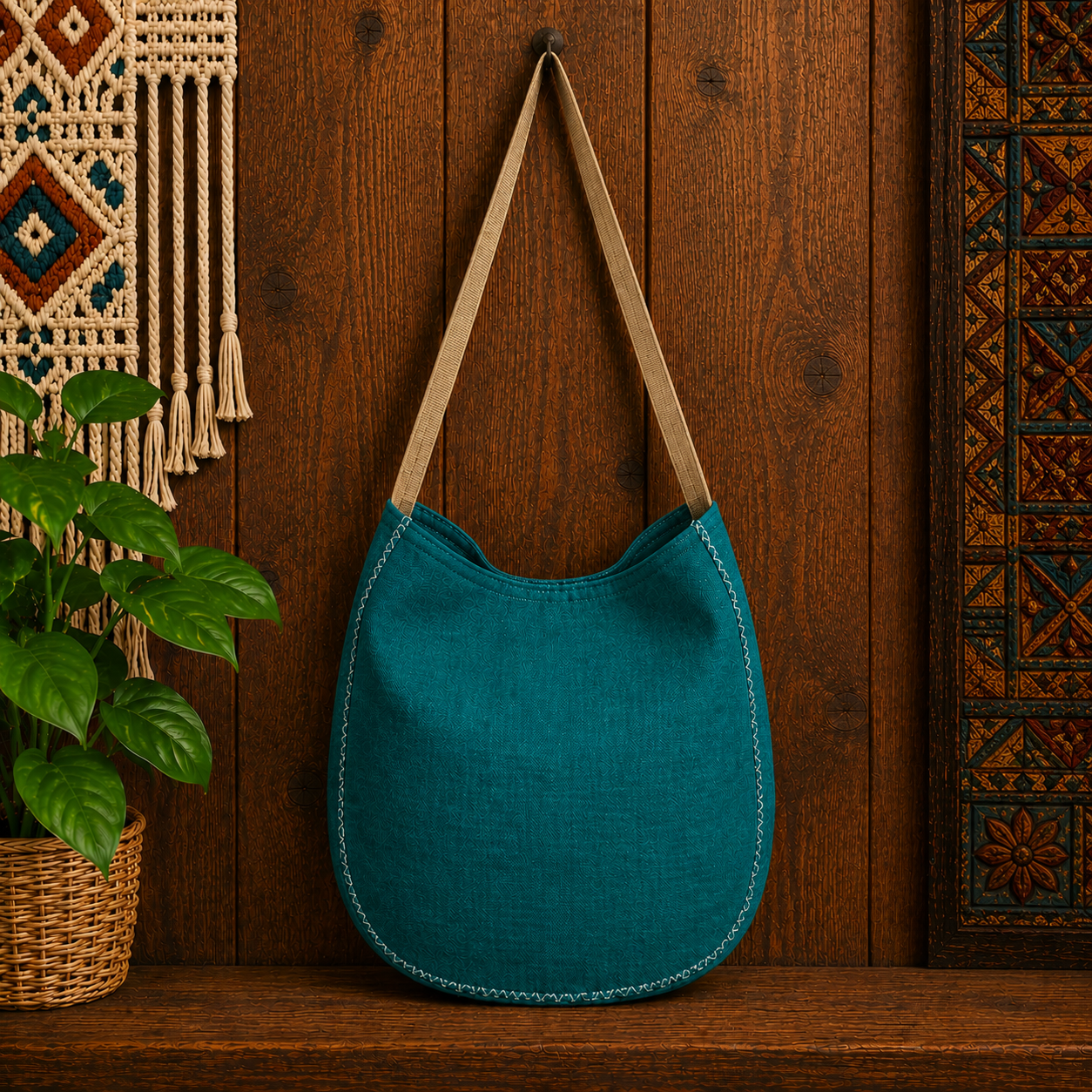 Large Linen Hobo Shoulder Bag