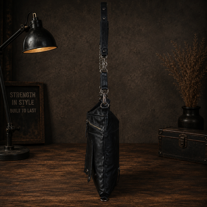 Black Leather Zipper Tote Bag