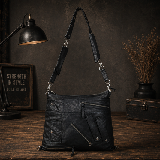 Black Leather Zipper Tote Bag