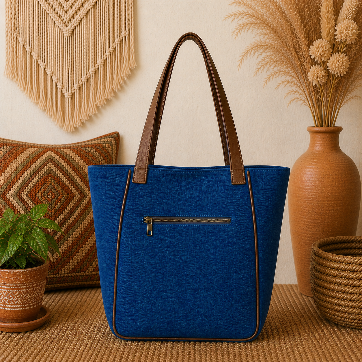 Large Linen Tote Bag with Leather Straps
