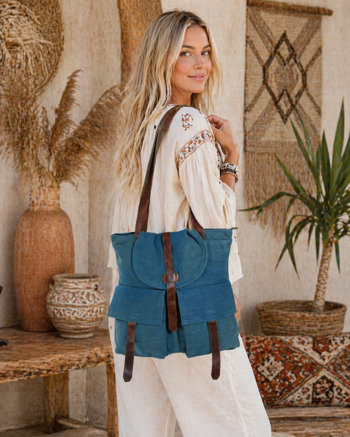 Large Linen Shoulder Tote Bag with Cargo Pocket
