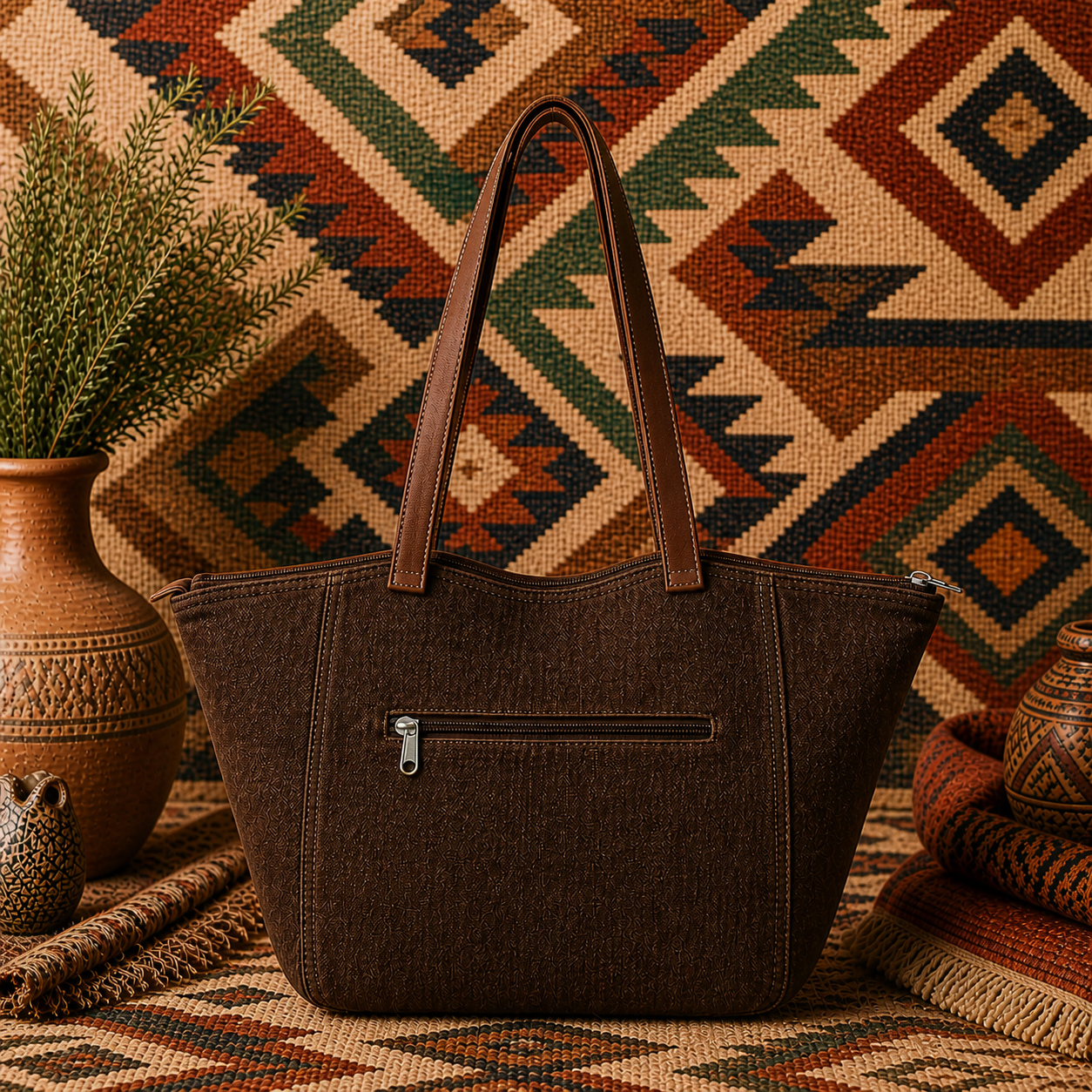 Large Linen Tote Bag with Leather Strap