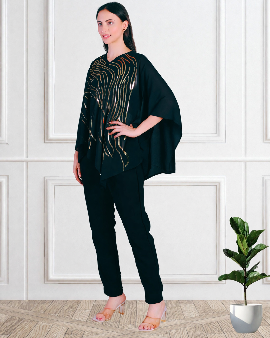 Designer Asymmetric Sequins Embellished Top with Matching Pants