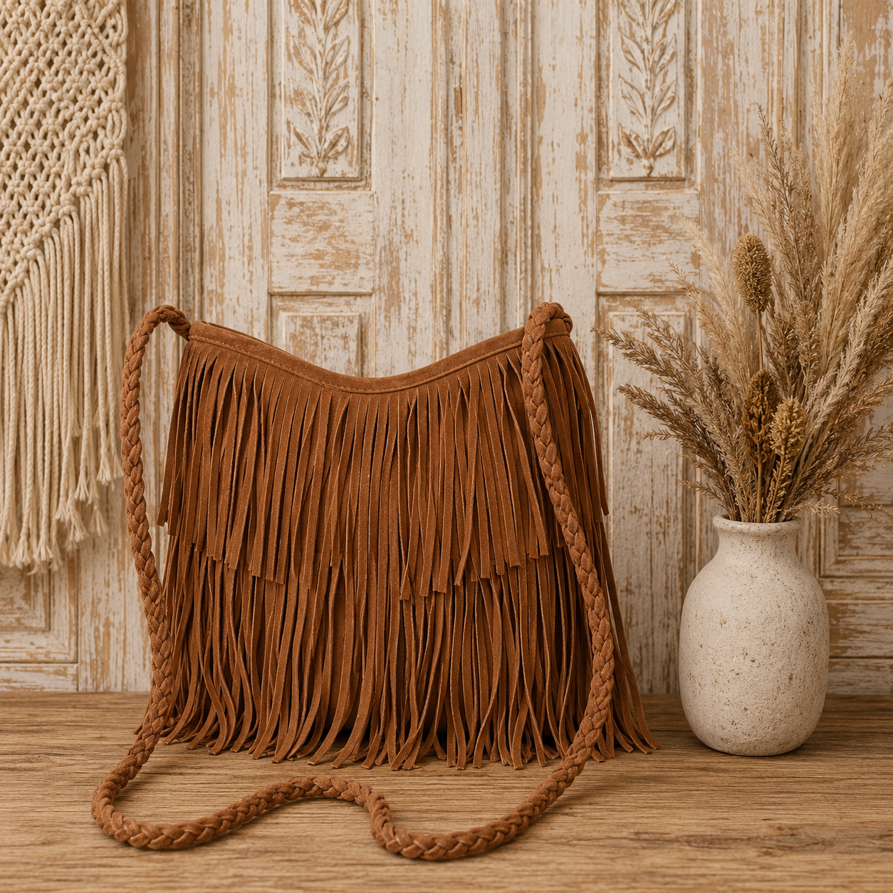 Suede Leather Bag with Fringes &  "Braided Charm"