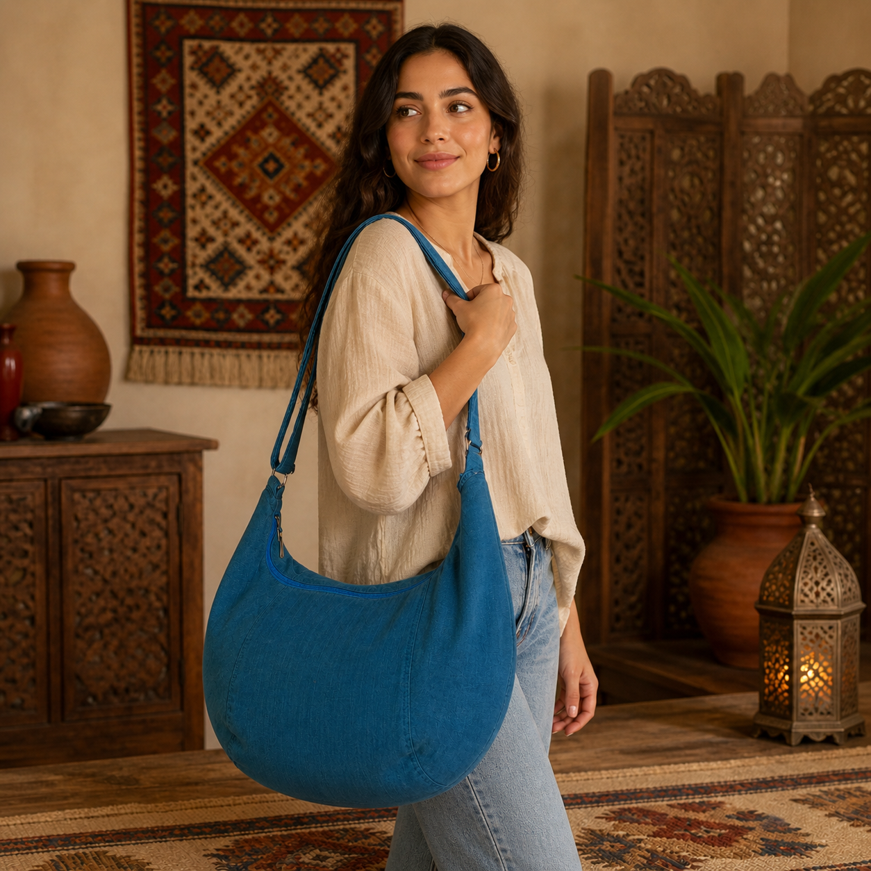 Large  Linen Shoulder Hobo Bag