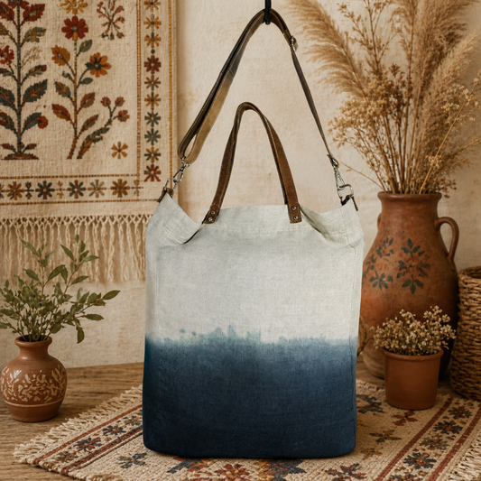 Linen Tote Bag with Leather Straps & Ombre Effect