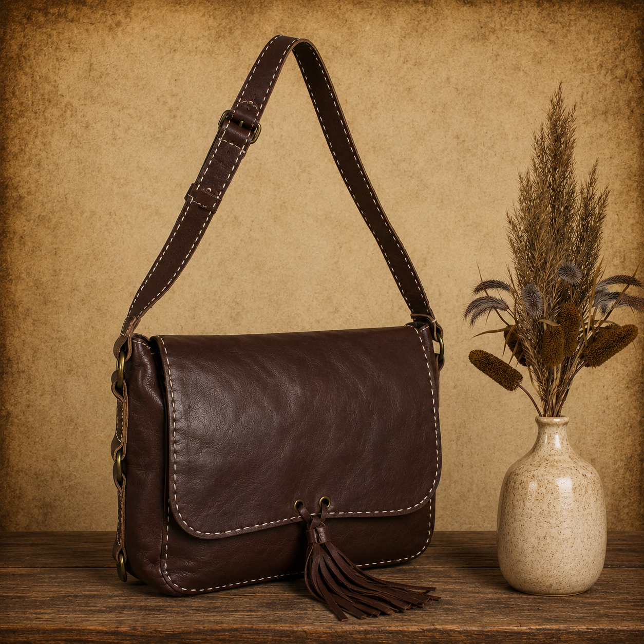 Cognac Flap Leather Handbag