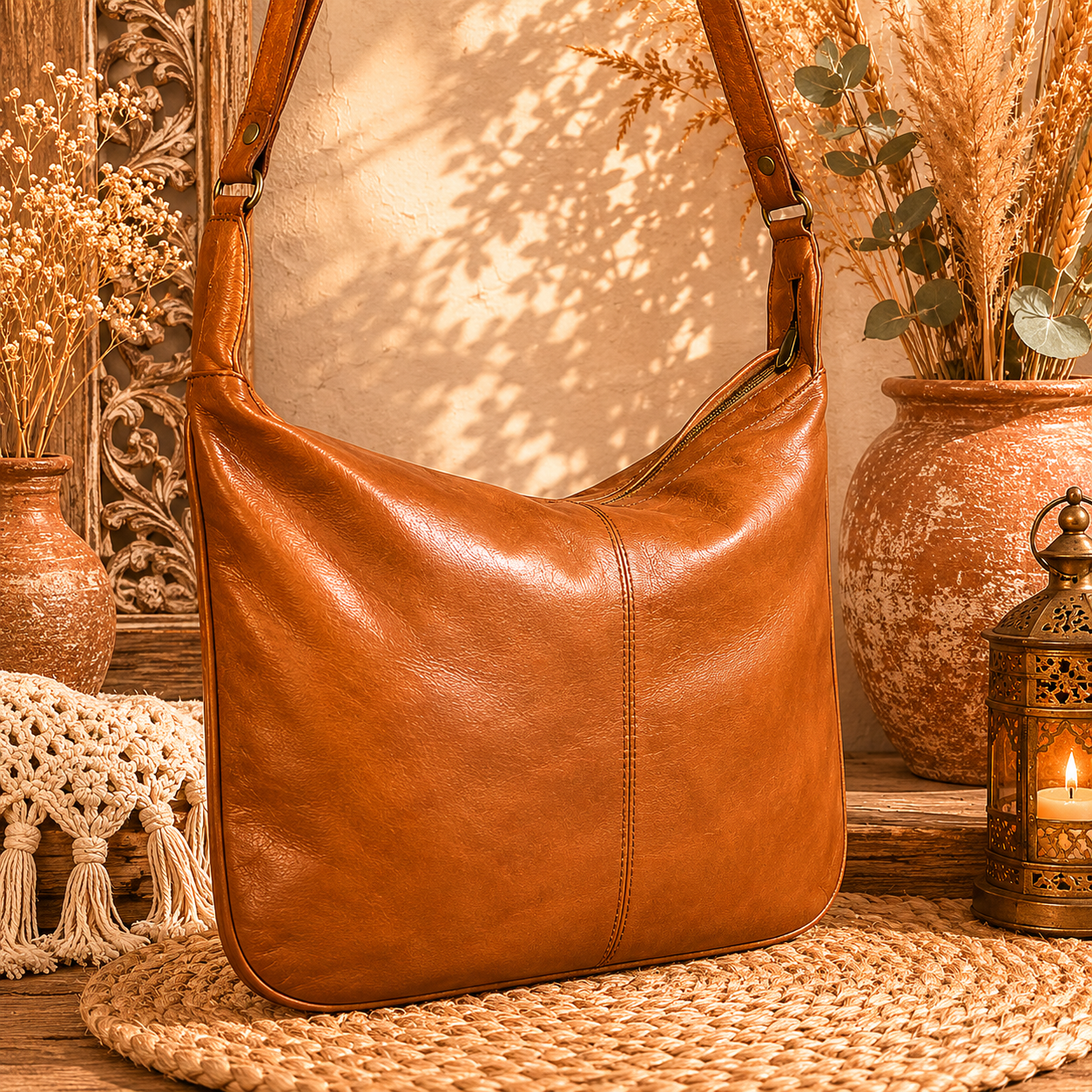 Classic Tan Leather Hobo Handbag