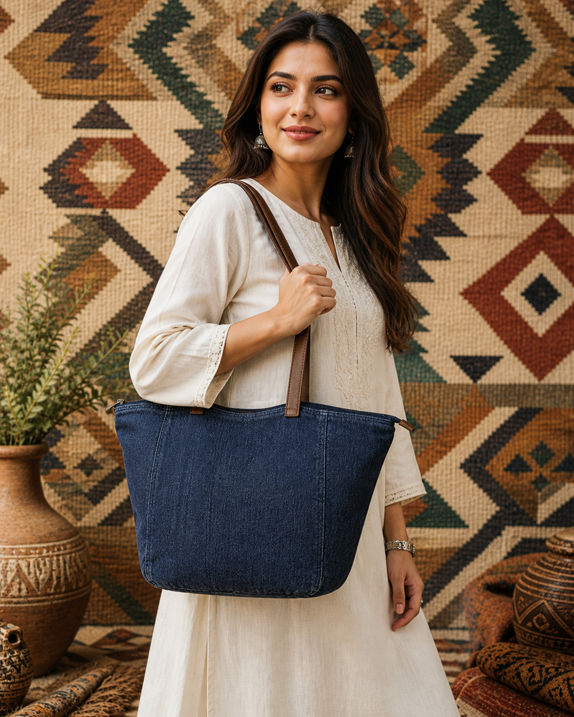 Large Linen Tote Bag with Leather Strap