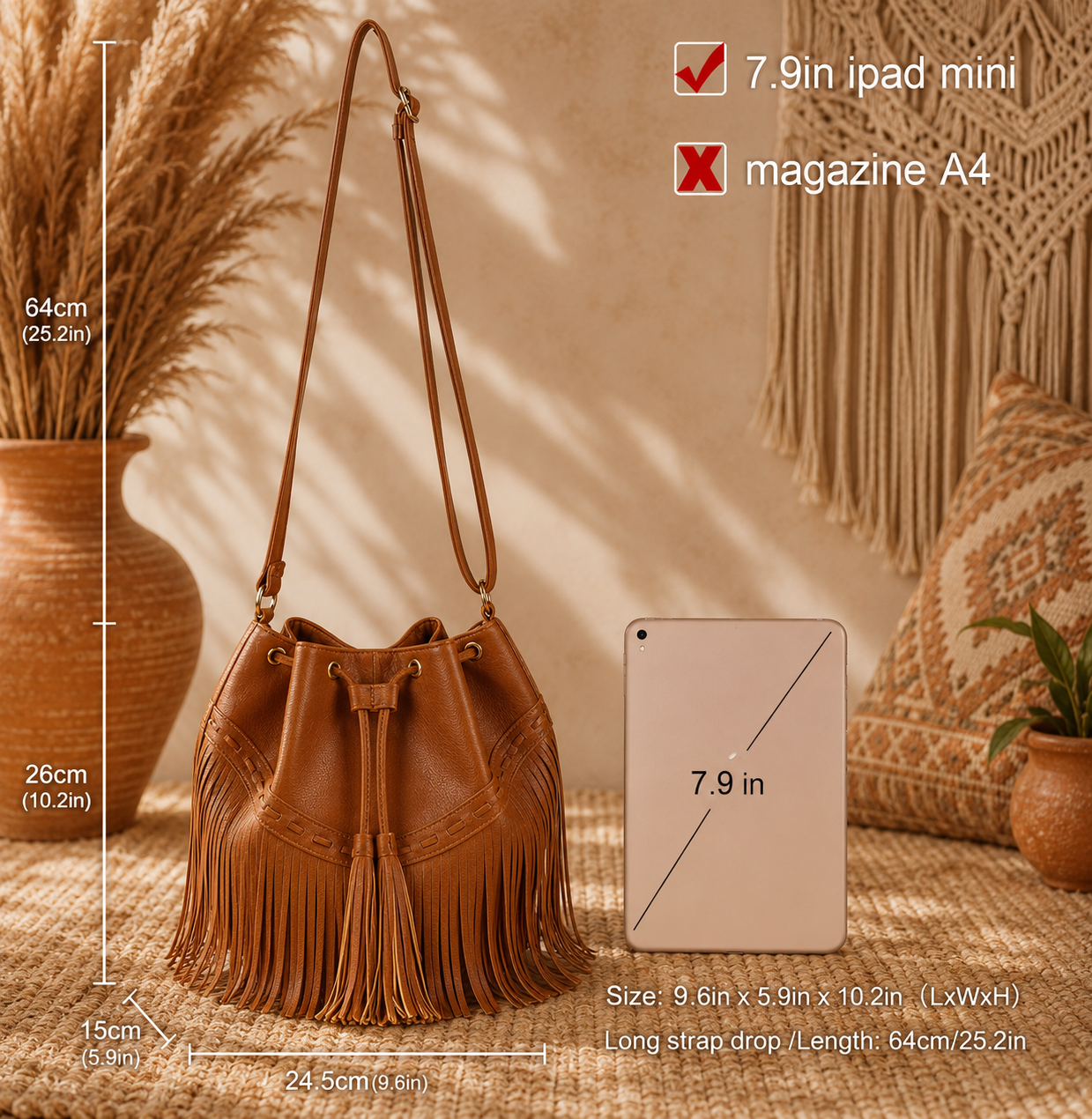 Boho Fringe Bucket Bag for Women