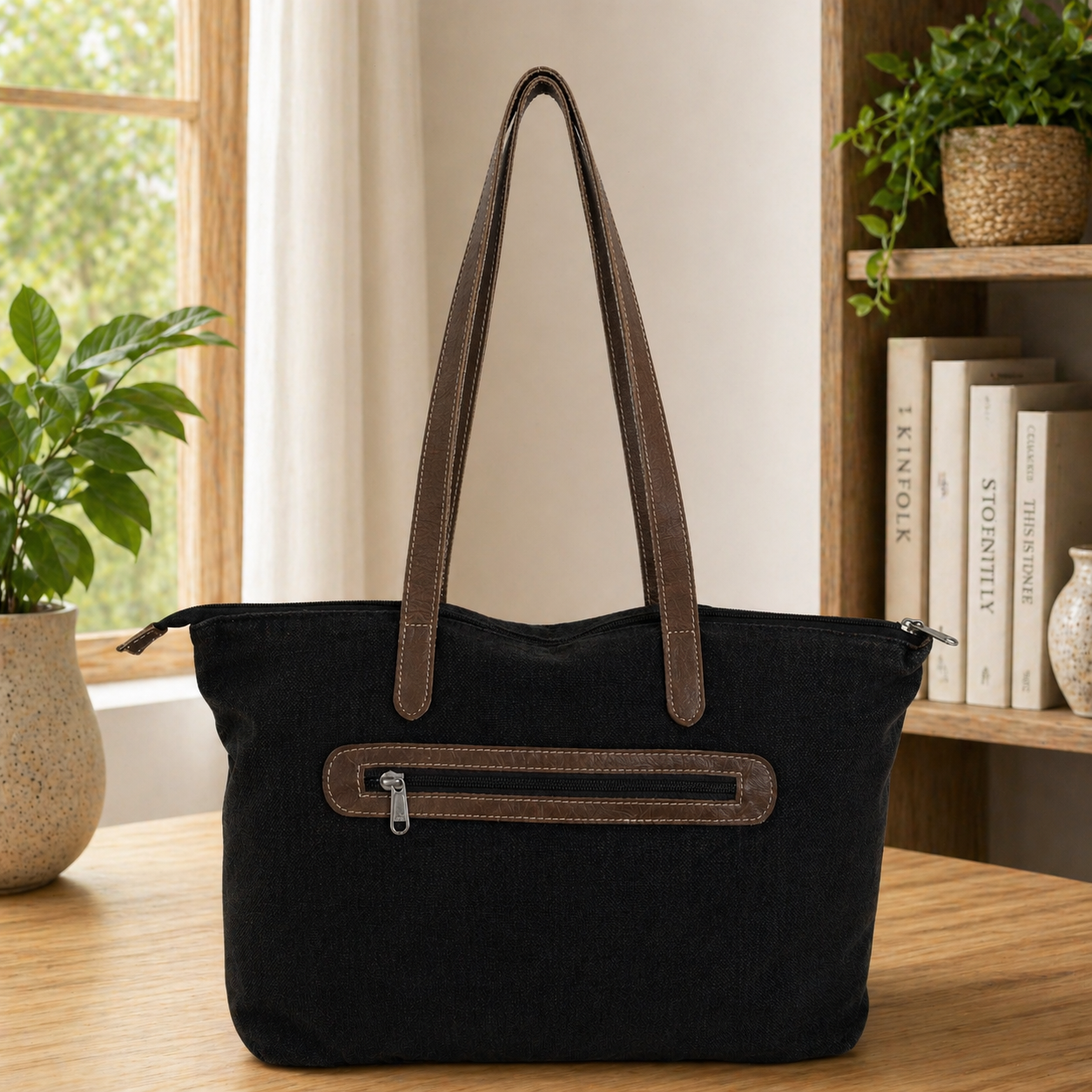 Timeless Linen Handbag with Genuine Leather Handles