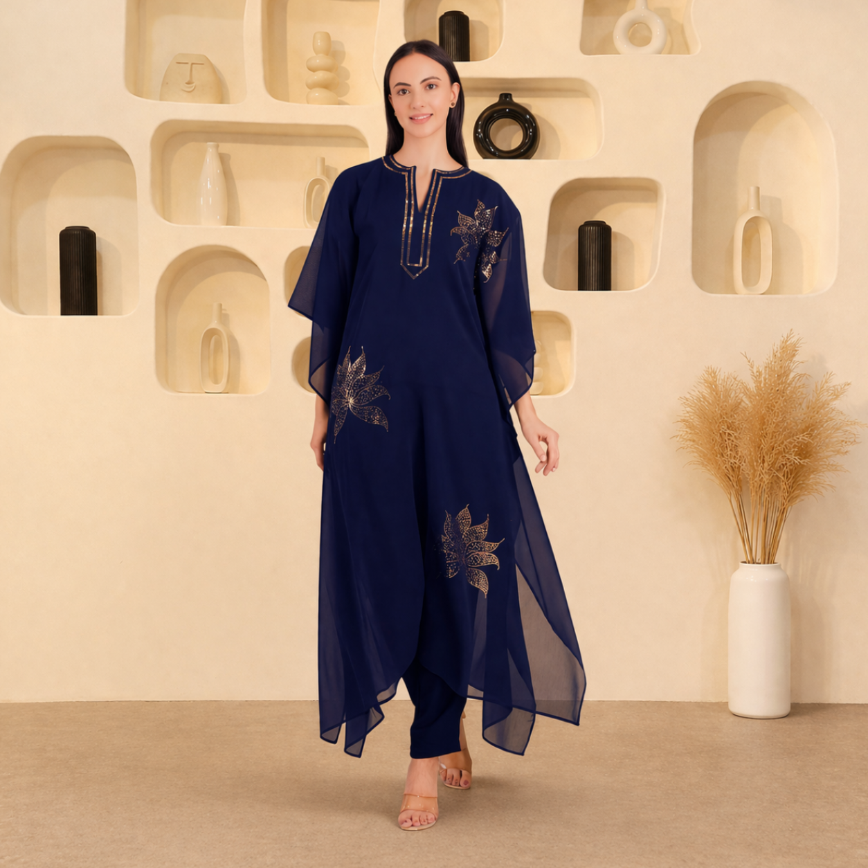 Women's Sequin Motif Embellished Georgette Kaftan Set