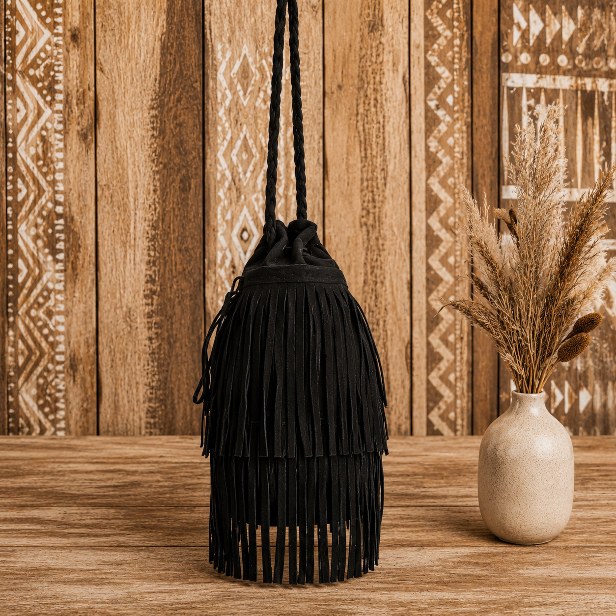 Suede Leather Bag with Fringes &  "Braided Charm"
