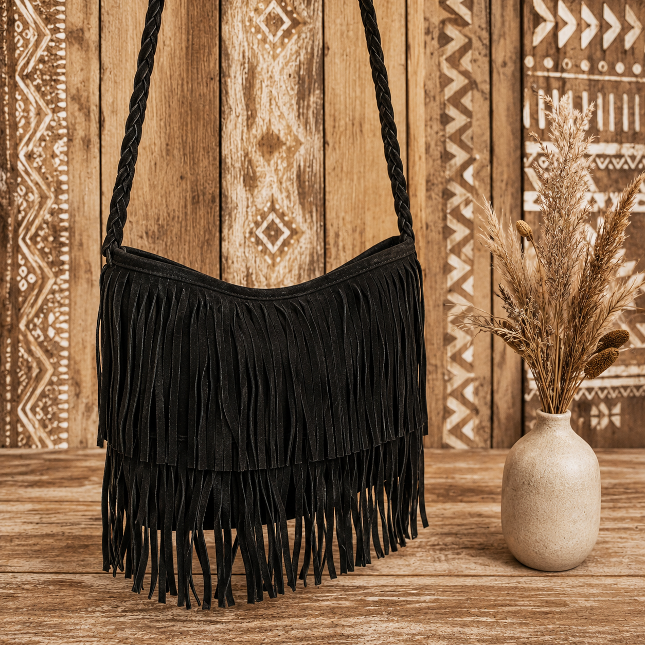 Suede Leather Bag with Fringes &  "Braided Charm"
