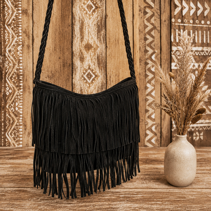 Suede Leather Bag with Fringes &  "Braided Charm"