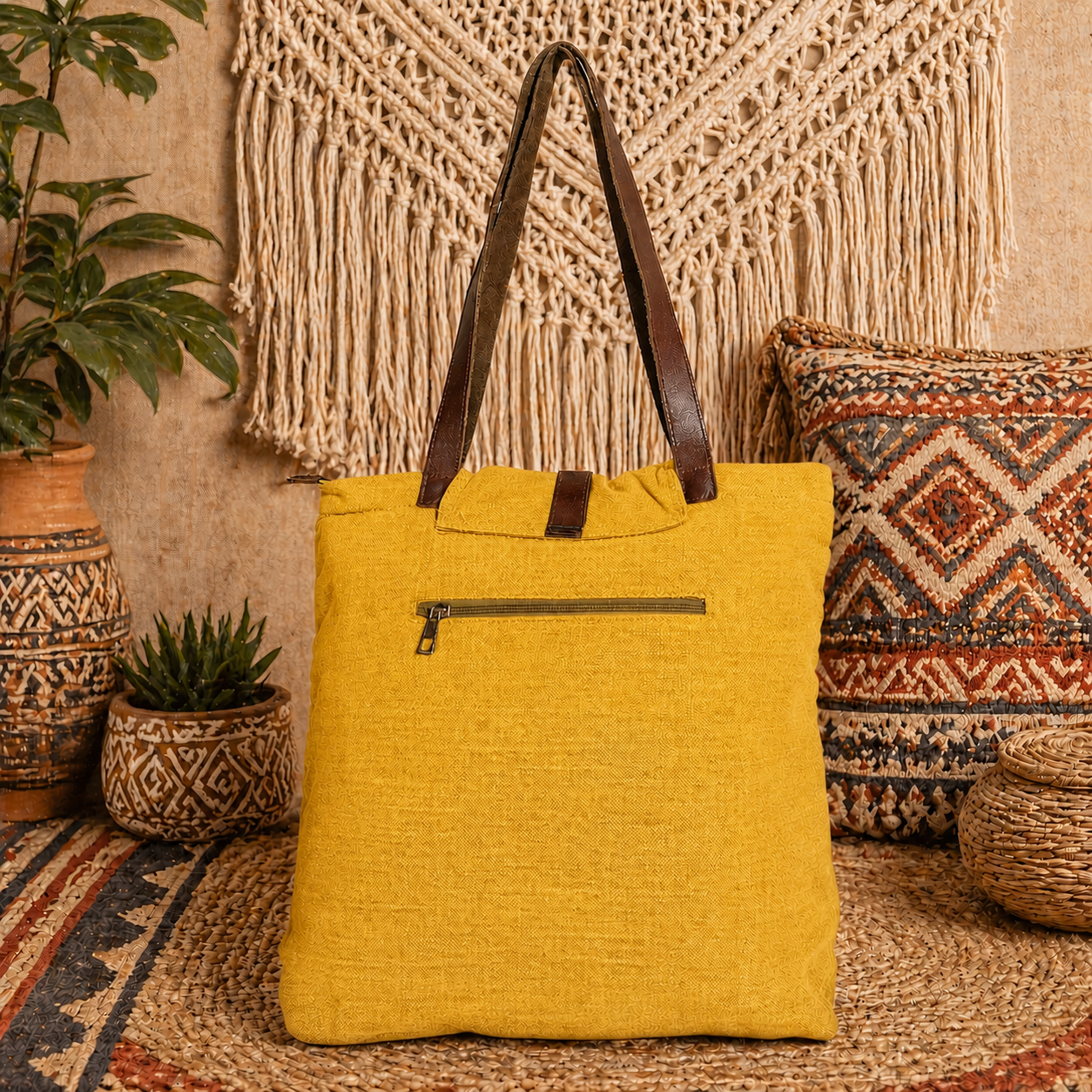 Large Linen Shoulder Tote Bag with Cargo Pocket