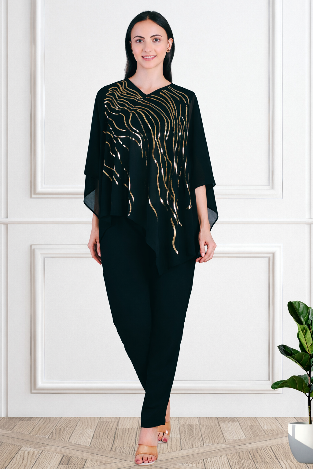 Designer Asymmetric Sequins Embellished Top with Matching Pants