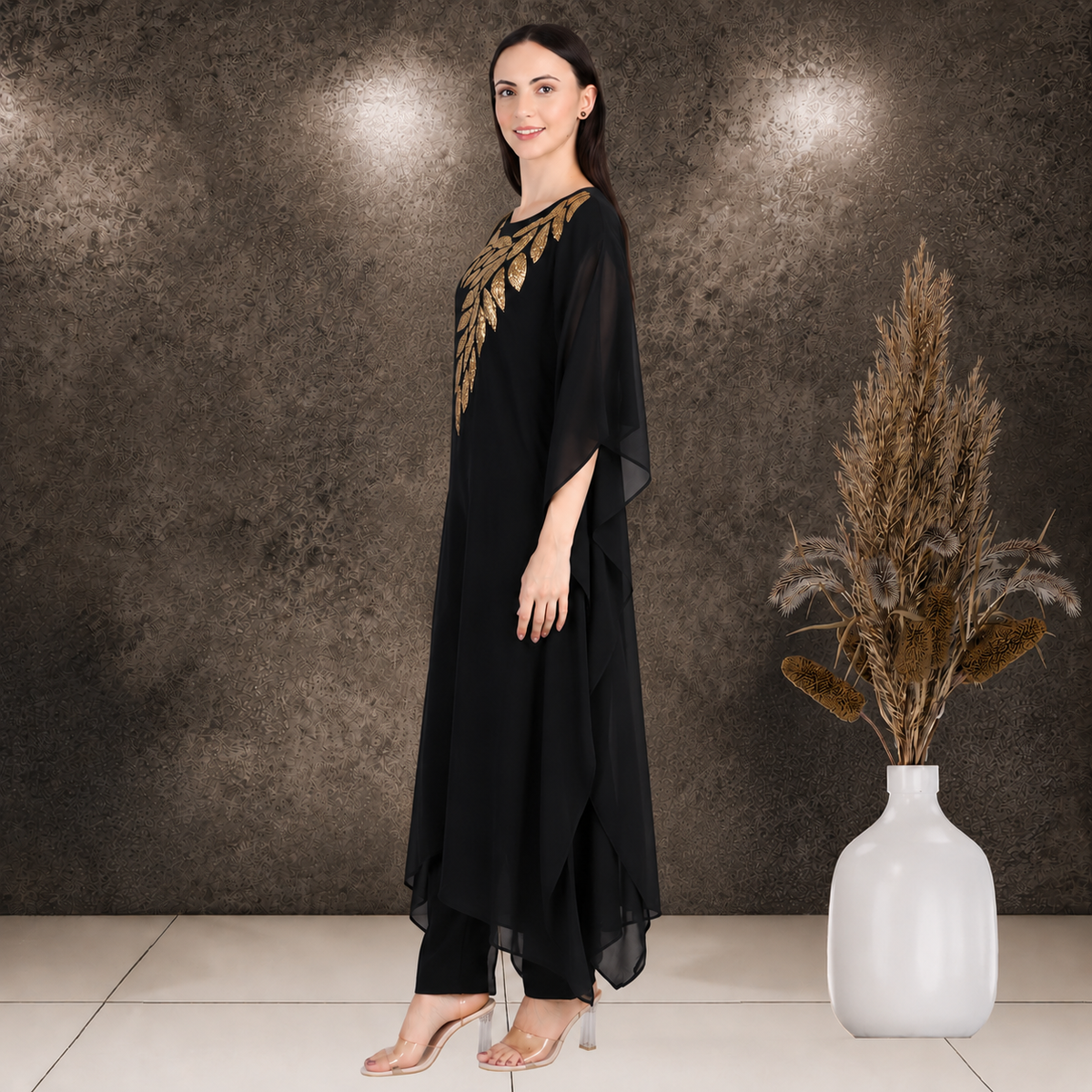 Women's Sequin Motif Embellished Georgette Kaftan Set