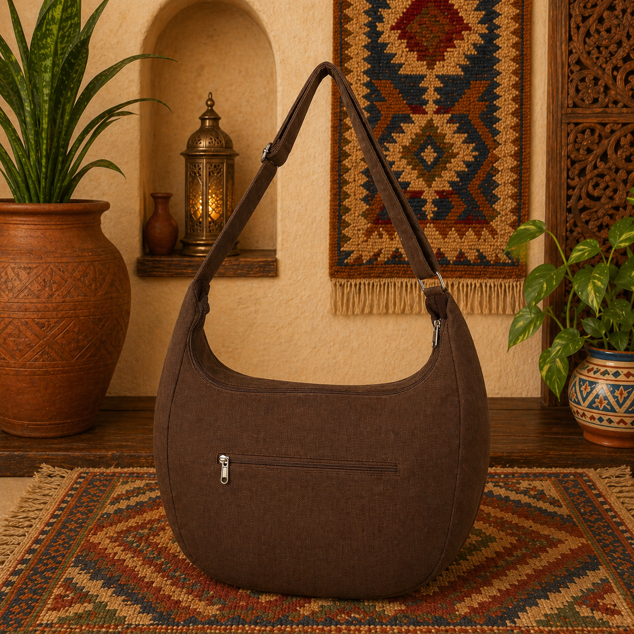 Large  Linen Shoulder Hobo Bag